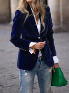 Blazer en Velours Élégant pour Femmes Épaules Structurées Coupe Slim Boutons Dorés Formels et Décontractés – Marine