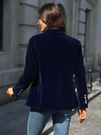 Blazer en Velours Élégant pour Femmes Épaules Structurées Coupe Slim Boutons Dorés Formels et Décontractés – Marine