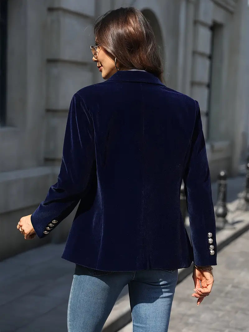 Blazer en Velours Élégant pour Femmes Épaules Structurées Coupe Slim Boutons Dorés Formels et Décontractés – Marine