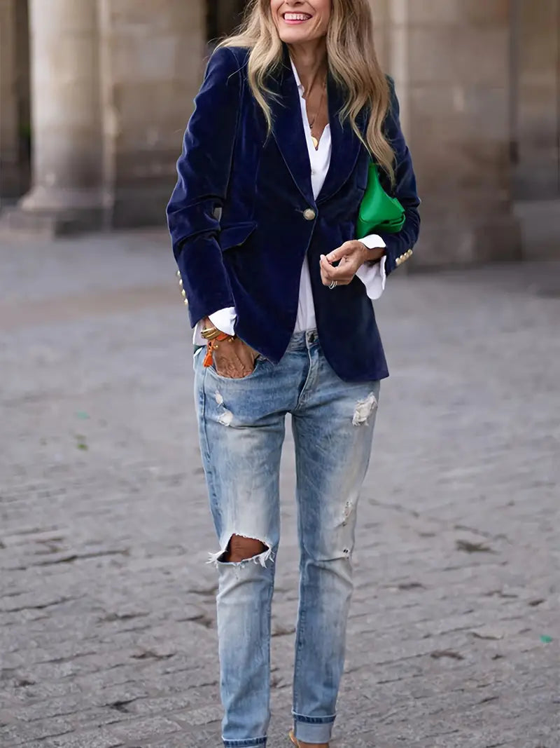 Blazer en Velours Élégant pour Femmes Épaules Structurées Coupe Slim Boutons Dorés Formels et Décontractés – Marine