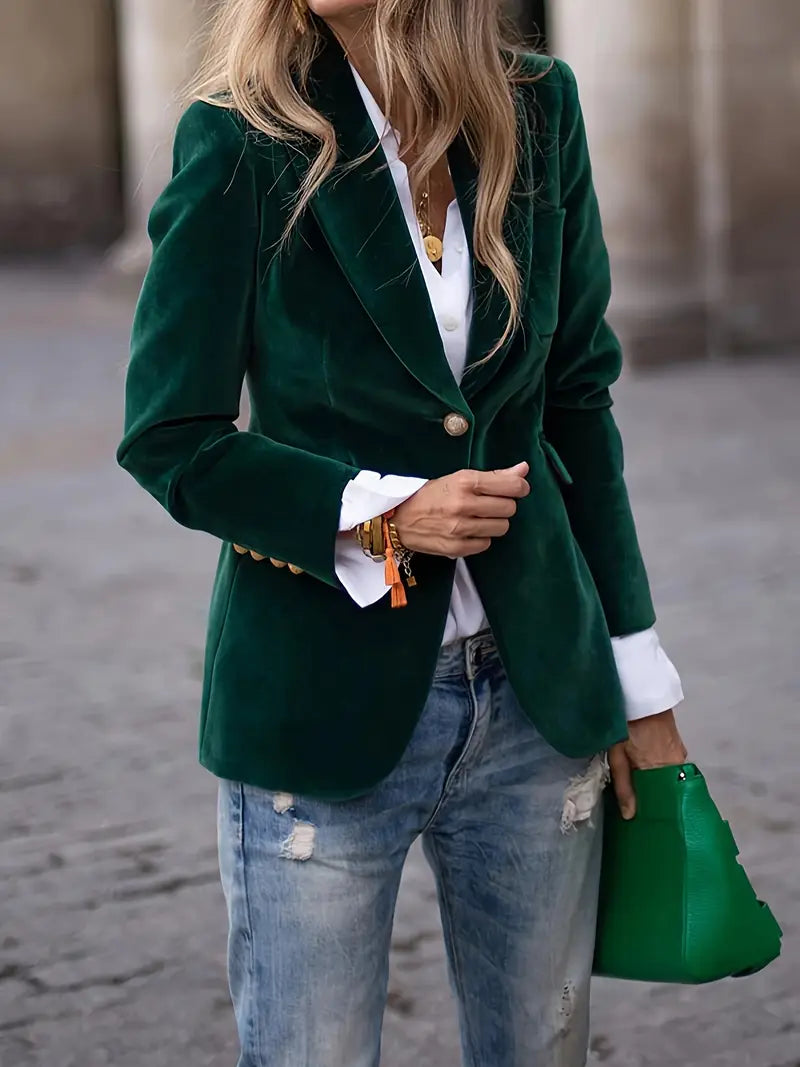 Blazer en Velours Élégant pour Femmes Épaules Structurées Coupe Slim Boutons Dorés Formels et Décontractés – Marine