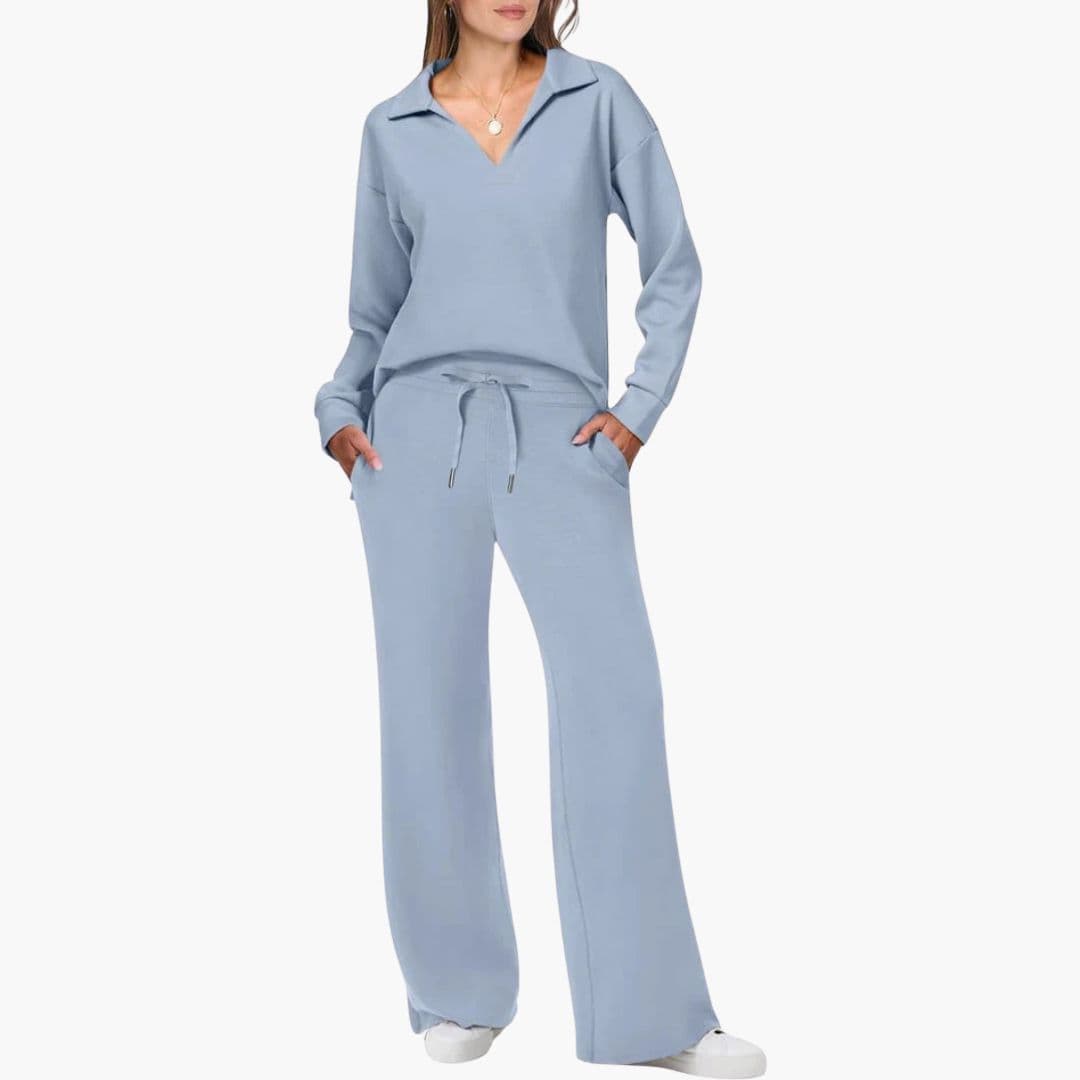 Ensemble Femme Deux Pièces Haut à Col V Manches Longues Pantalon Large à Poches Confort Quotidien