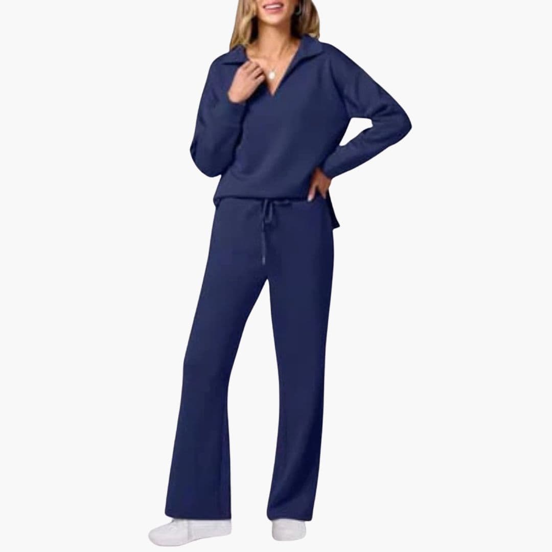 Ensemble Femme Deux Pièces Haut à Col V Manches Longues Pantalon Large à Poches Confort Quotidien