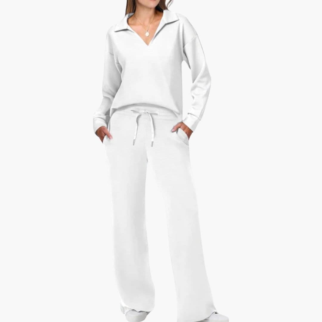 Ensemble Femme Deux Pièces Haut à Col V Manches Longues Pantalon Large à Poches Confort Quotidien