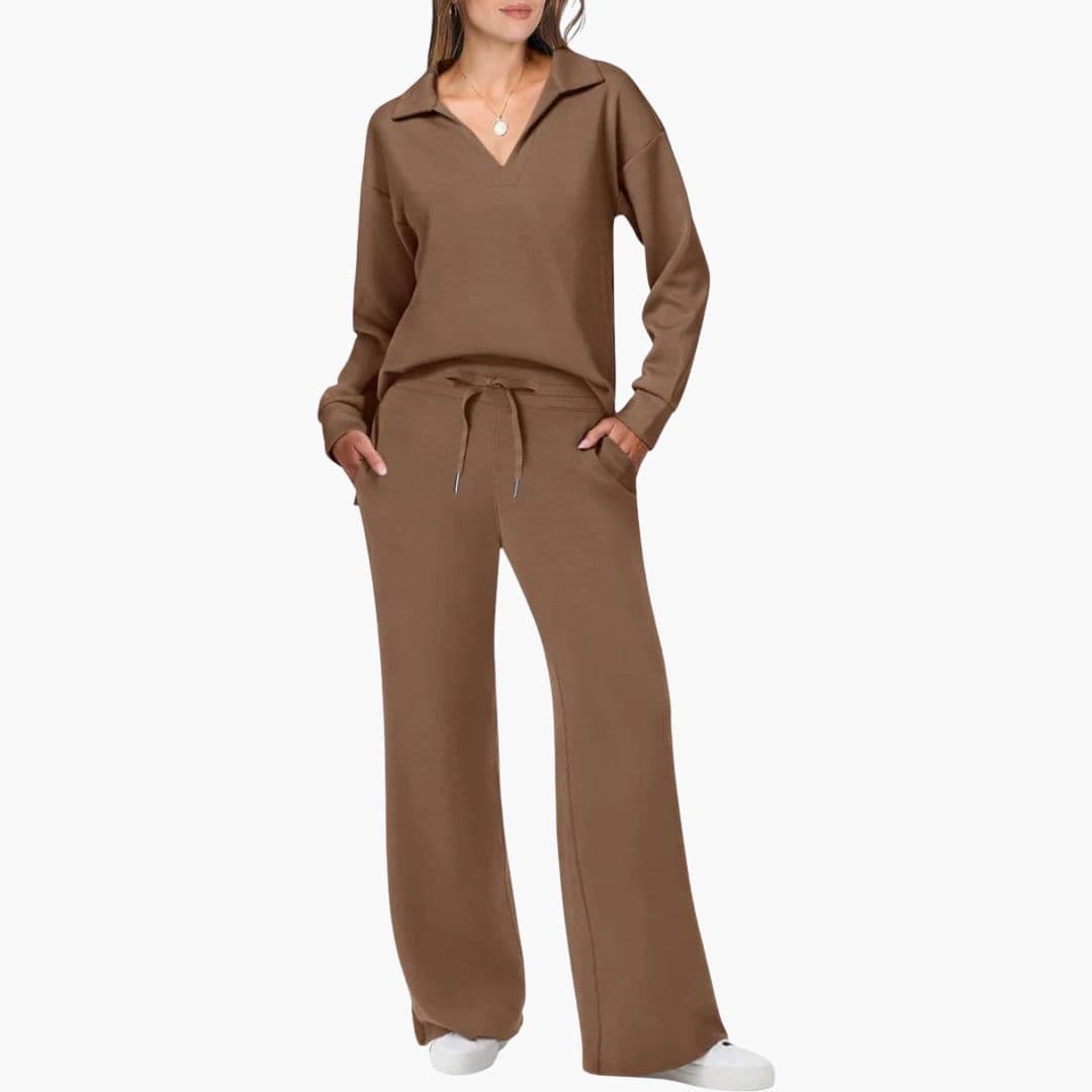 Ensemble Femme Deux Pièces Haut à Col V Manches Longues Pantalon Large à Poches Confort Quotidien