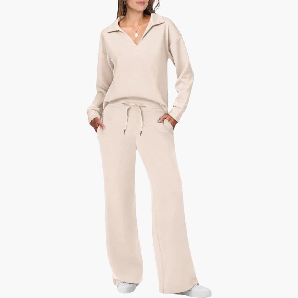 Conjunto de mujer de dos piezas con blusa de cuello en V y mangas largas, pantalón ancho con bolsillos, comodidad diaria