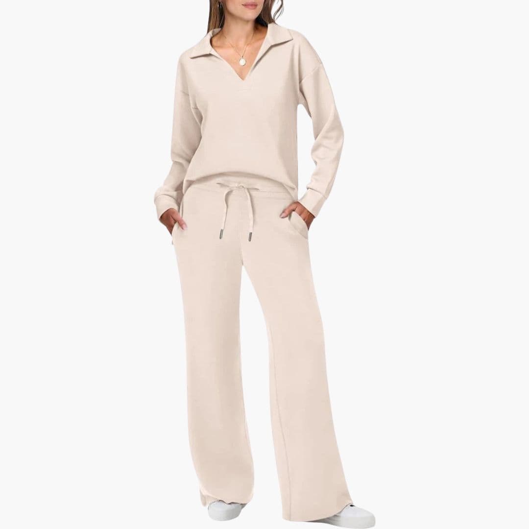Ensemble Femme Deux Pièces Haut à Col V Manches Longues Pantalon Large à Poches Confort Quotidien
