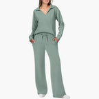 Conjunto de mujer de dos piezas con blusa de cuello en V y mangas largas, pantalón ancho con bolsillos, comodidad diaria