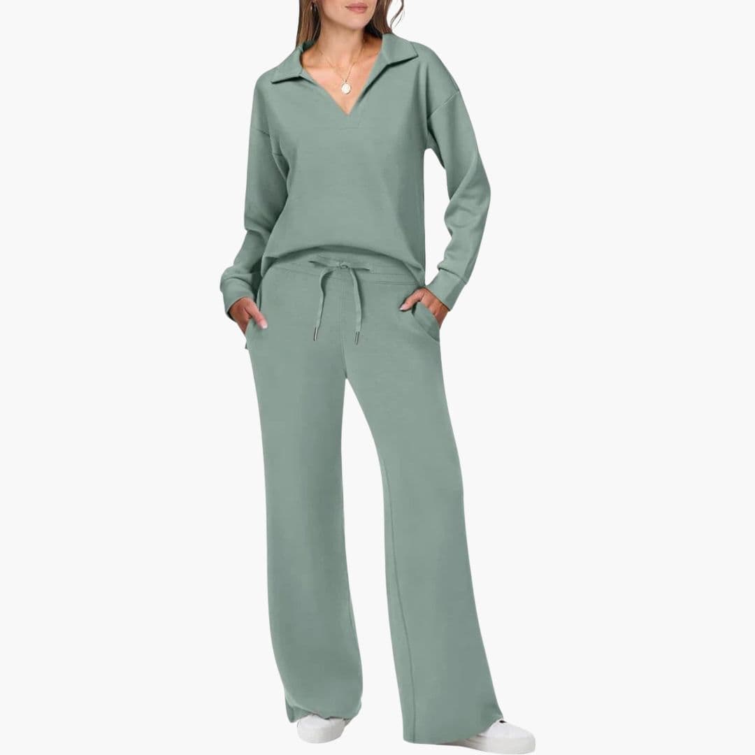 Ensemble Femme Deux Pièces Haut à Col V Manches Longues Pantalon Large à Poches Confort Quotidien