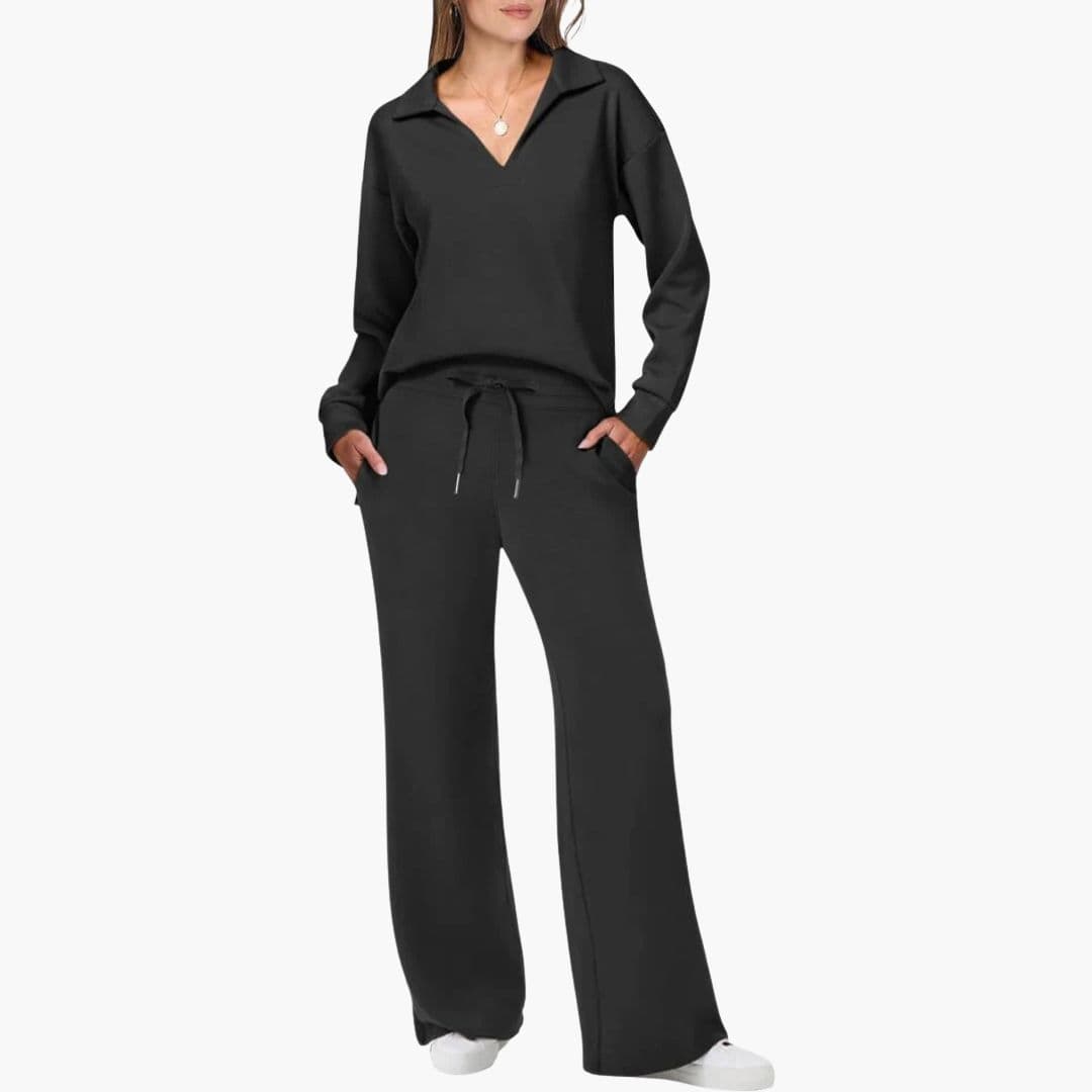 Ensemble Femme Deux Pièces Haut à Col V Manches Longues Pantalon Large à Poches Confort Quotidien