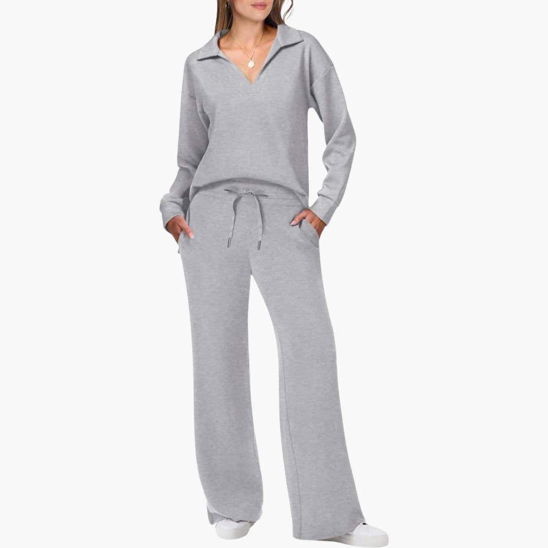 Ensemble Femme Deux Pièces Haut à Col V Manches Longues Pantalon Large à Poches Confort Quotidien