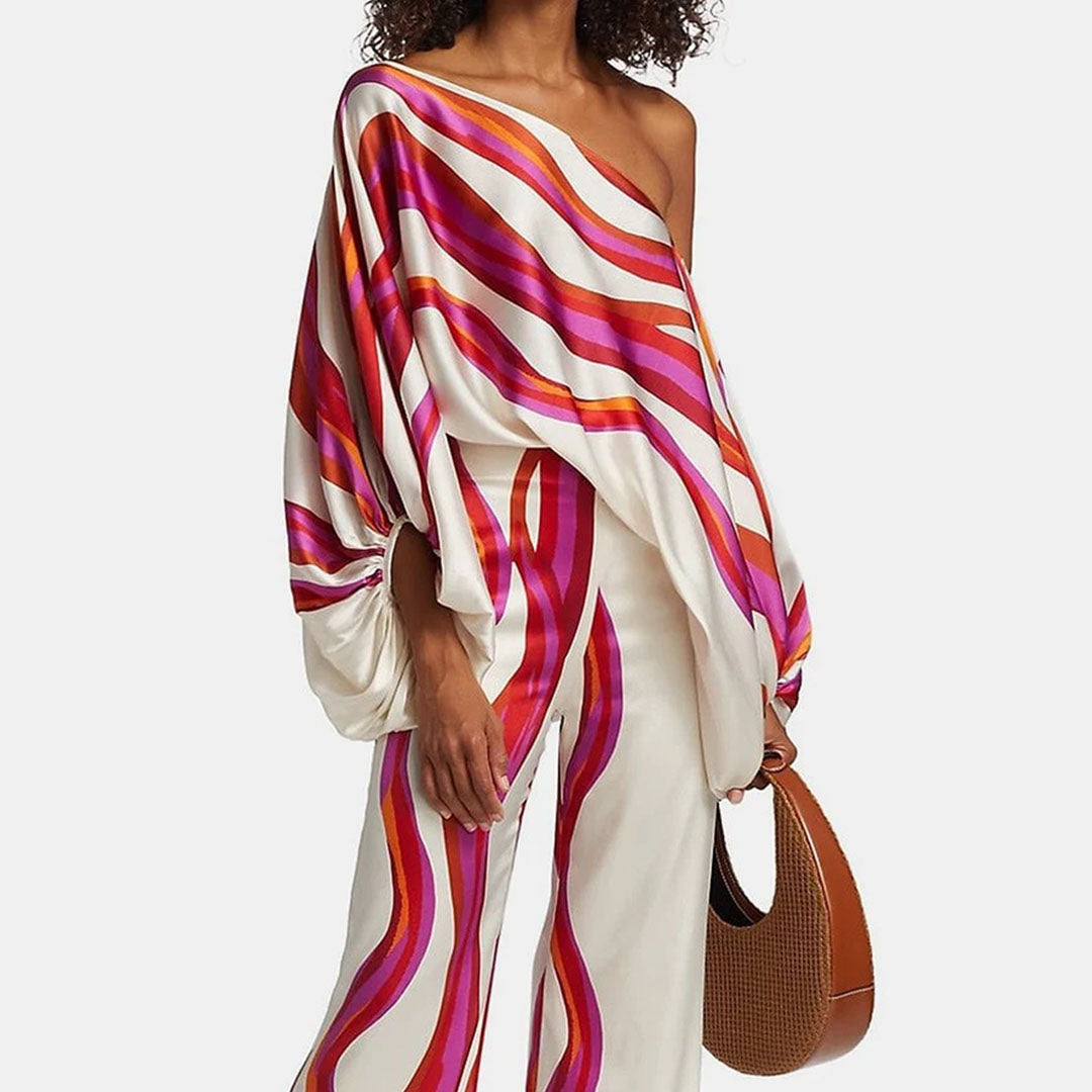 Ensemble D'été Chic Pour Femmes En Deux Pièces, Haut Fluide Imprimé Et Pantalon Large, Tenue Élégante Décontractée Pour Les Vacances