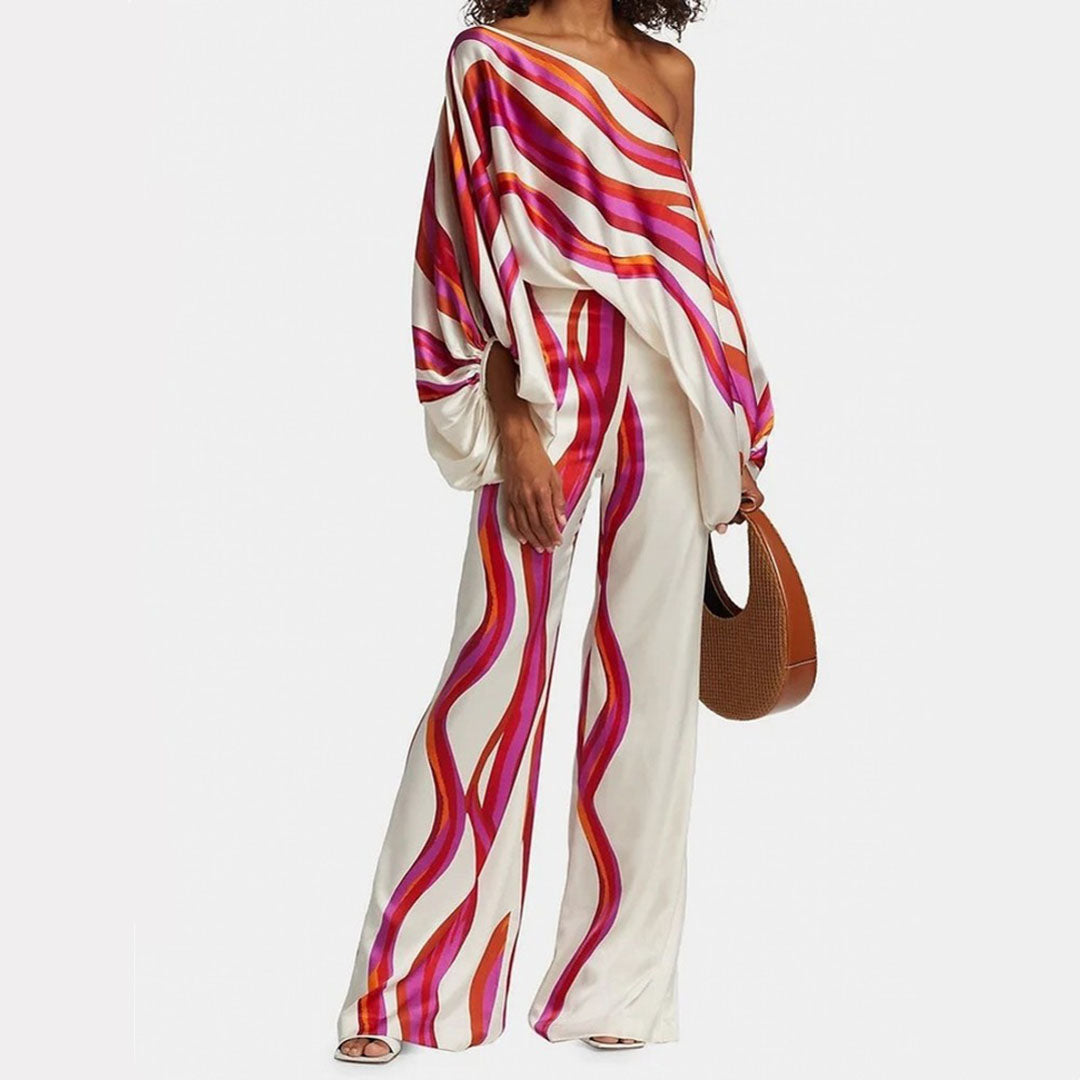 Ensemble D'été Chic Pour Femmes En Deux Pièces, Haut Fluide Imprimé Et Pantalon Large, Tenue Élégante Décontractée Pour Les Vacances