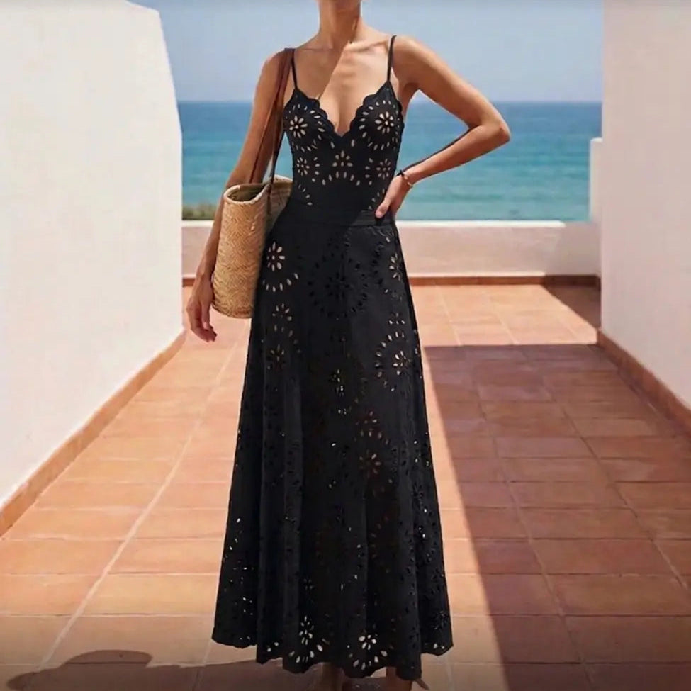 Ensemble Maillot de Bain Une Pièce Noir Découpe Laser Jupe Maxi Fluide Resort Plage Soirée Lune de Miel Gala – Obscura