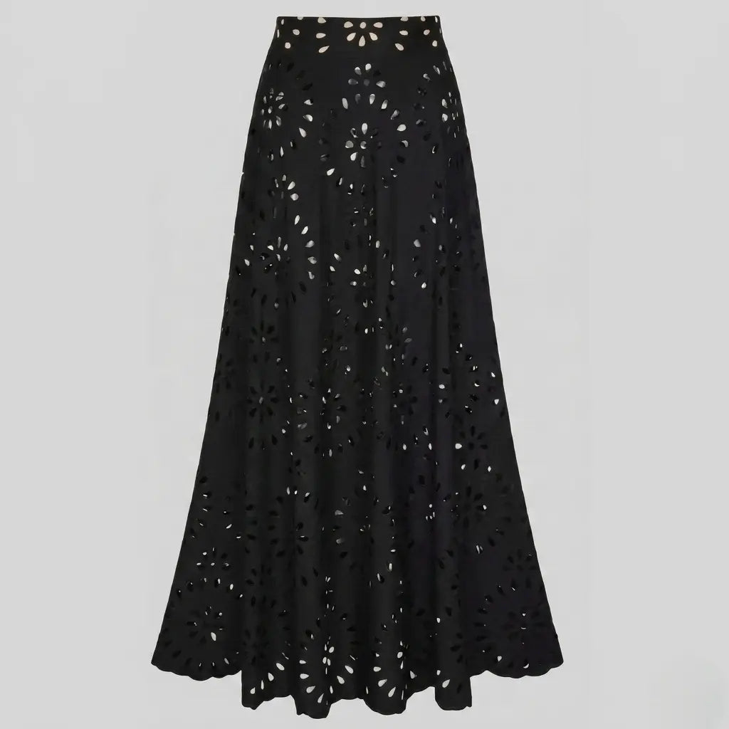Ensemble Maillot de Bain Une Pièce Noir Découpe Laser Jupe Maxi Fluide Resort Plage Soirée Lune de Miel Gala – Obscura
