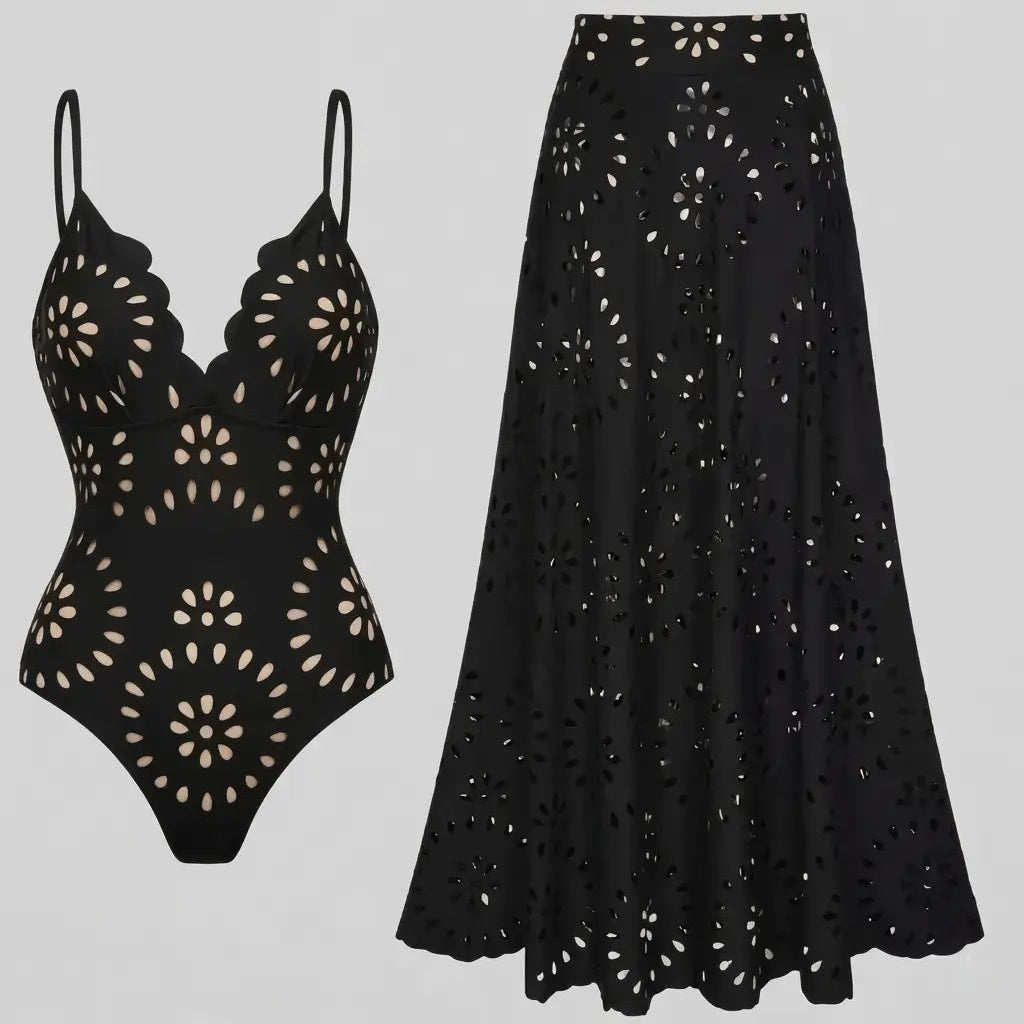Ensemble Maillot de Bain Une Pièce Noir Découpe Laser Jupe Maxi Fluide Resort Plage Soirée Lune de Miel Gala – Obscura