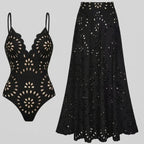 Ensemble Maillot de Bain Une Pièce Noir Découpe Laser Jupe Maxi Fluide Resort Plage Soirée Lune de Miel Gala – Obscura
