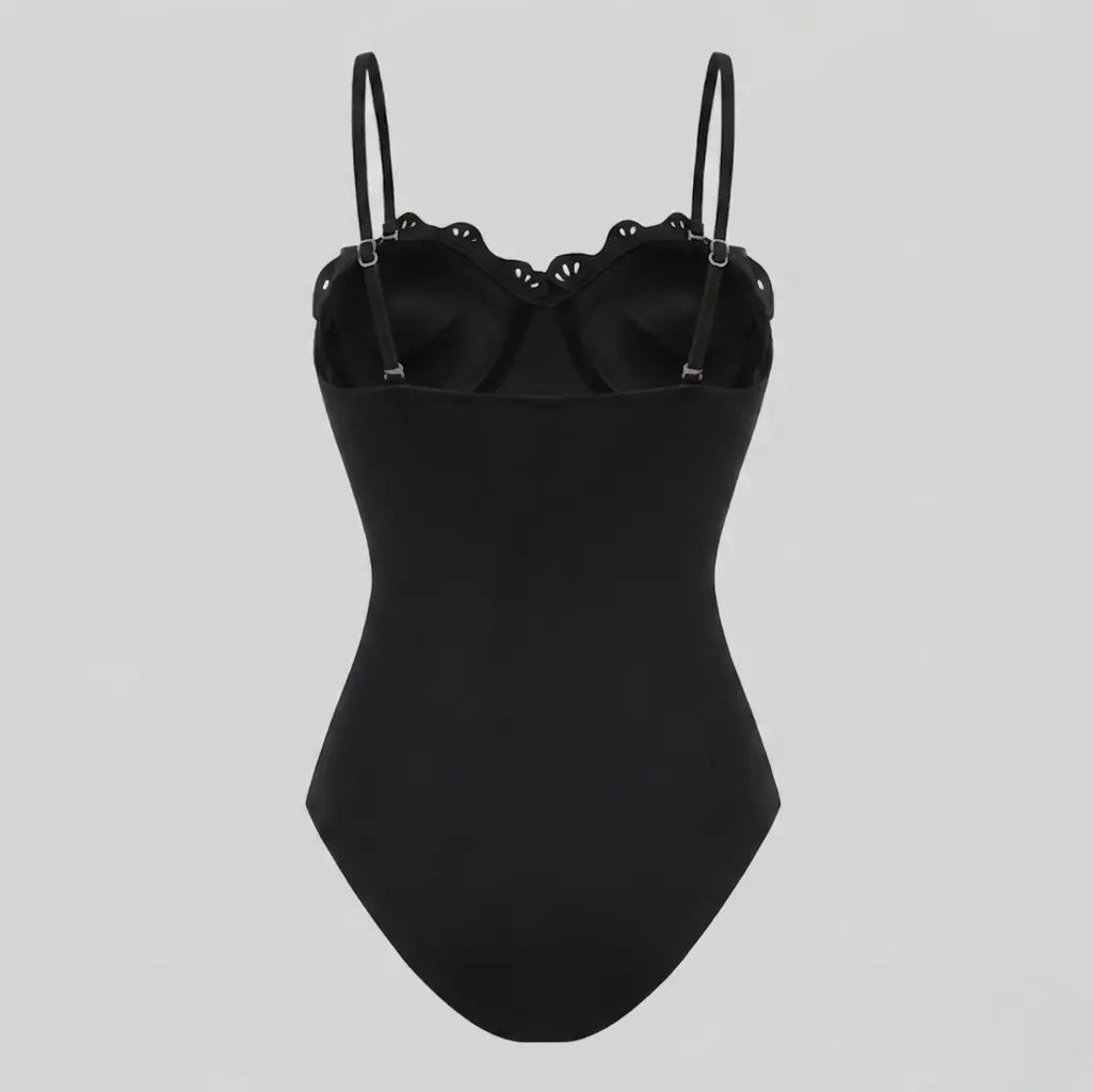 Ensemble Maillot de Bain Une Pièce Noir Découpe Laser Jupe Maxi Fluide Resort Plage Soirée Lune de Miel Gala – Obscura