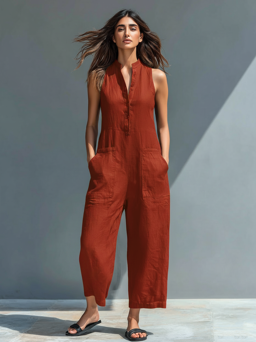 Combinaison sans manches en mélange de lin minimaliste pour femmes avec col montant et boutons