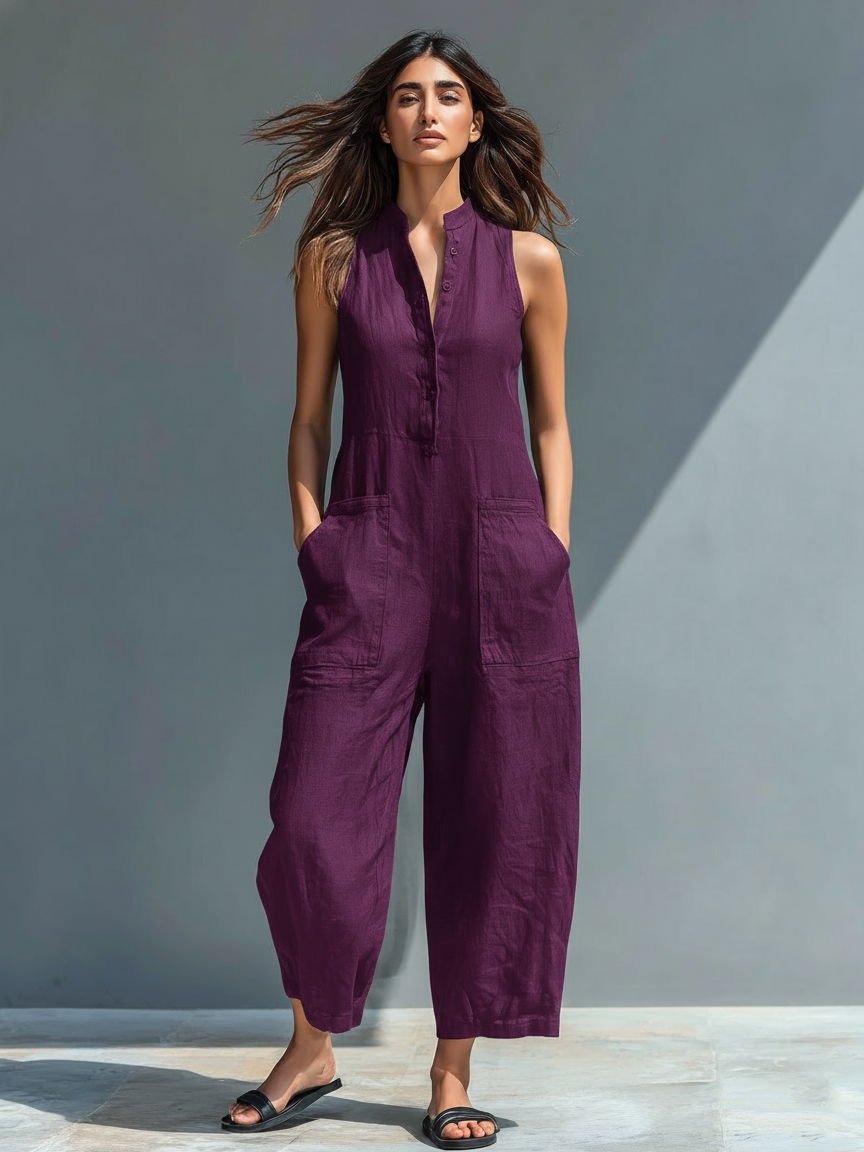 Combinaison sans manches en mélange de lin minimaliste pour femmes avec col montant et boutons