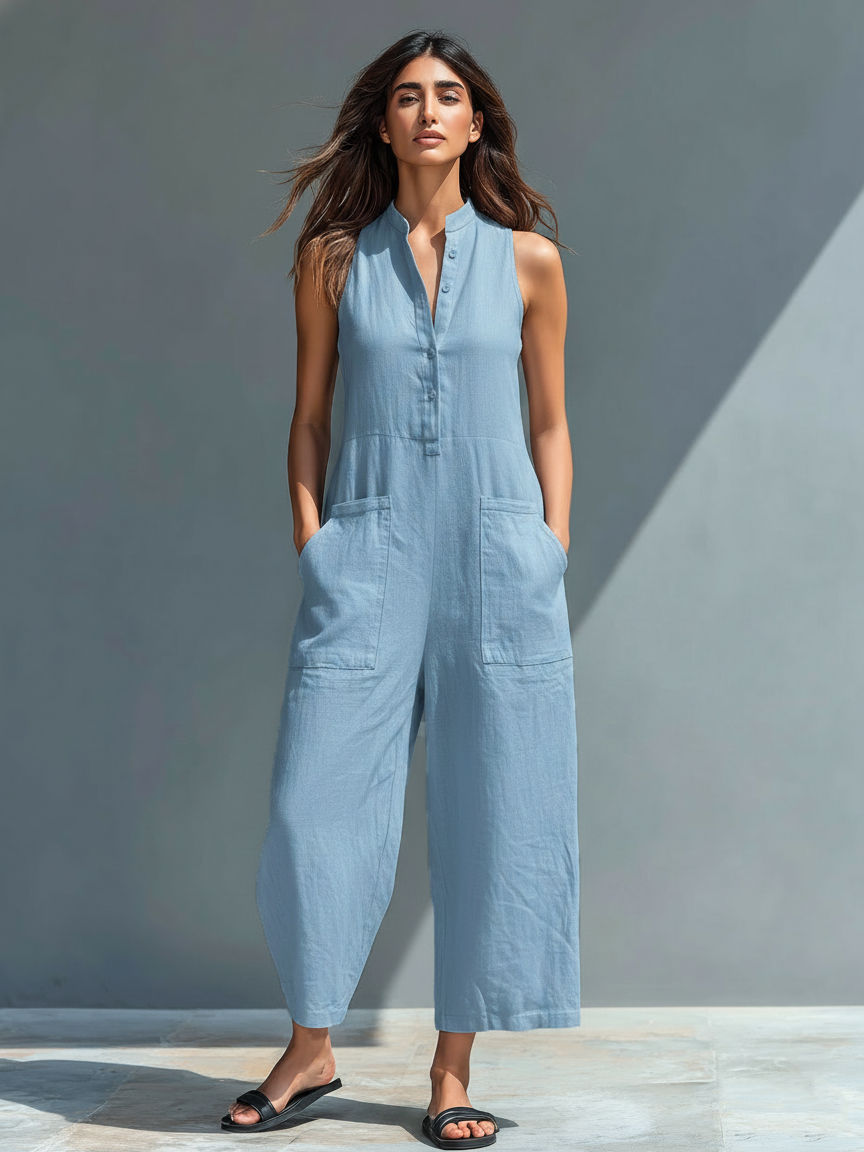 Combinaison sans manches en mélange de lin minimaliste pour femmes avec col montant et boutons