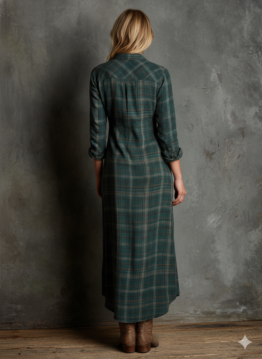Robe Maxi à Manches Longues en Tartan à Col Revers pour Femmes – Tartan Vert
