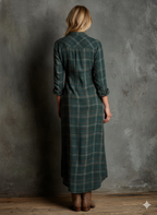 Robe Maxi à Manches Longues en Tartan à Col Revers pour Femmes – Tartan Vert