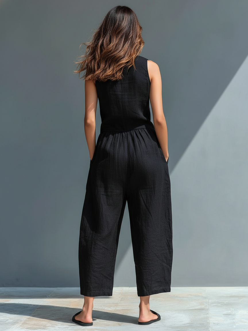 Combinaison sans manches en mélange de lin minimaliste pour femmes avec col montant et boutons
