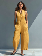 Combinaison Sans Manches En Mélange De lin Minimaliste Pour Femmes Avec Col Montant Et Boutons