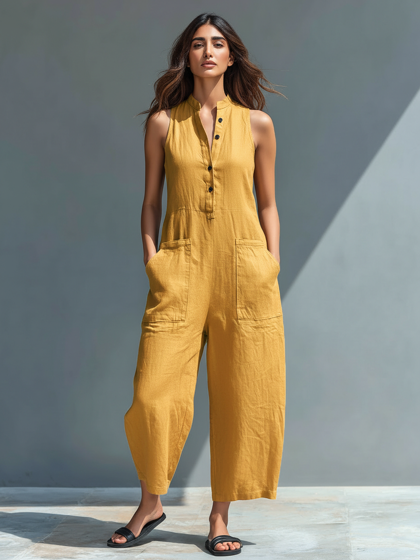 Combinaison sans manches en mélange de lin minimaliste pour femmes avec col montant et boutons
