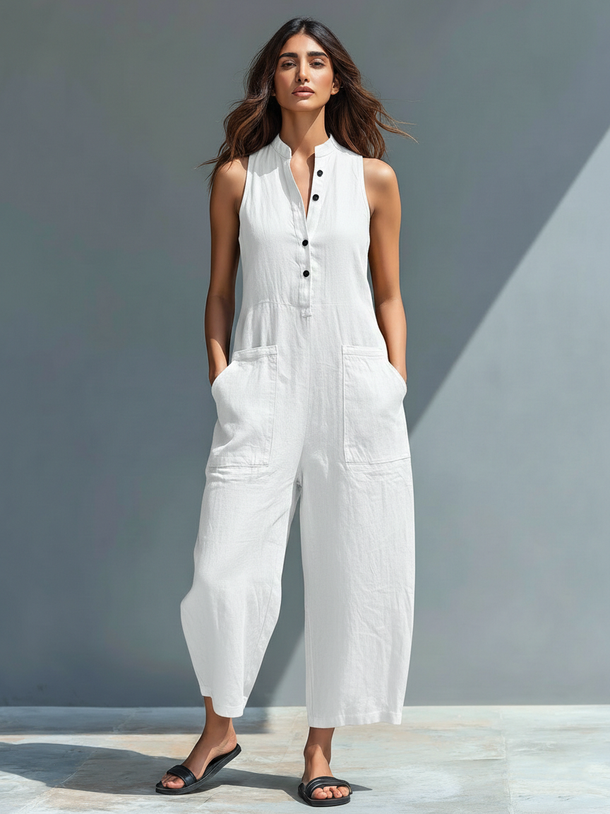 Combinaison sans manches en mélange de lin minimaliste pour femmes avec col montant et boutons