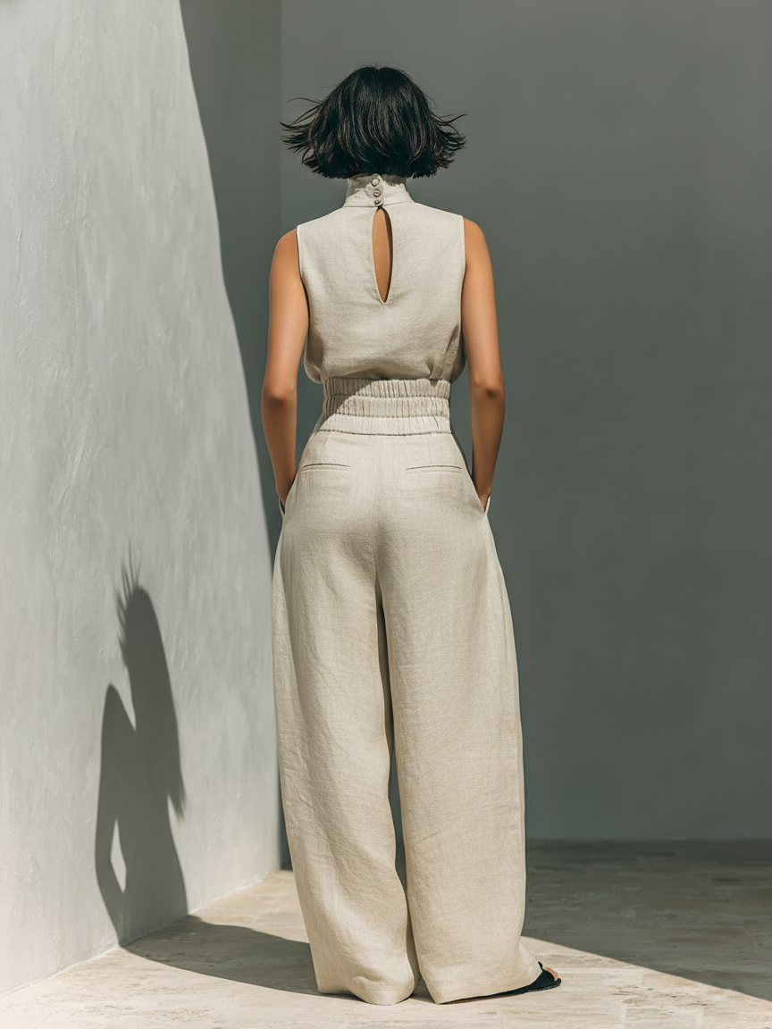 Ensemble Deux Pièces Minimaliste en Coton Lin pour Femmes, Blouse Sans Manches et Pantalon Large, Chic Décontracté – Beige