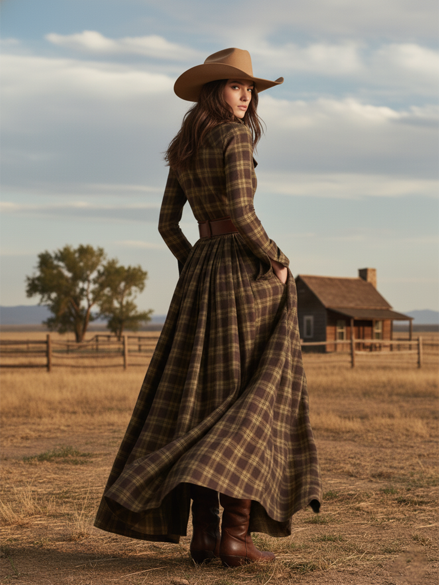 Robe longue décontractée à carreaux ethniques rétro pour femmes avec col, ceinture et manches longues – Marron rougeâtre