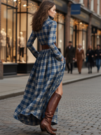 Robe longue décontractée à carreaux ethniques rétro pour femmes avec col, ceinture et manches longues – Marron rougeâtre