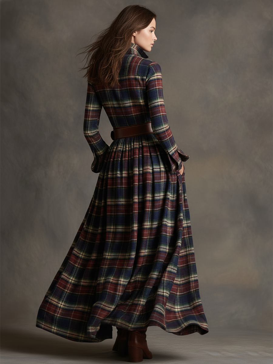 Robe longue décontractée à carreaux ethniques rétro pour femmes avec col, ceinture et manches longues – Marron rougeâtre