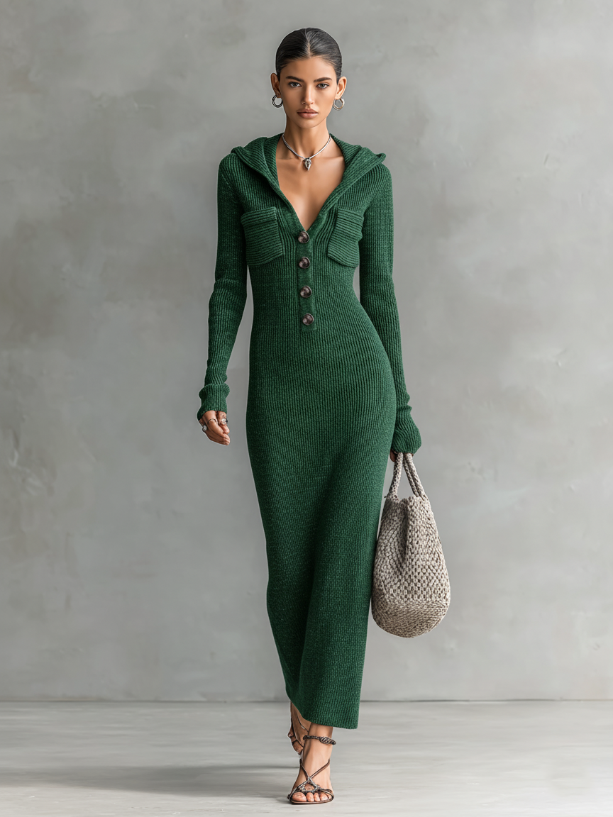 Robe Longue Casual Tricotée à Capuche Slim-Fit pour Femmes à Manches Longues – Marine