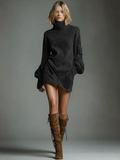 Robe Mini Vintage en Daim pour Femme à Col Roulé à Manches Longues, Coupe Ample, Décontractée, Rétro – Marron