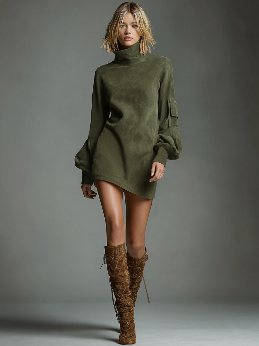 Robe Mini Vintage en Daim pour Femme à Col Roulé à Manches Longues, Coupe Ample, Décontractée, Rétro – Marron