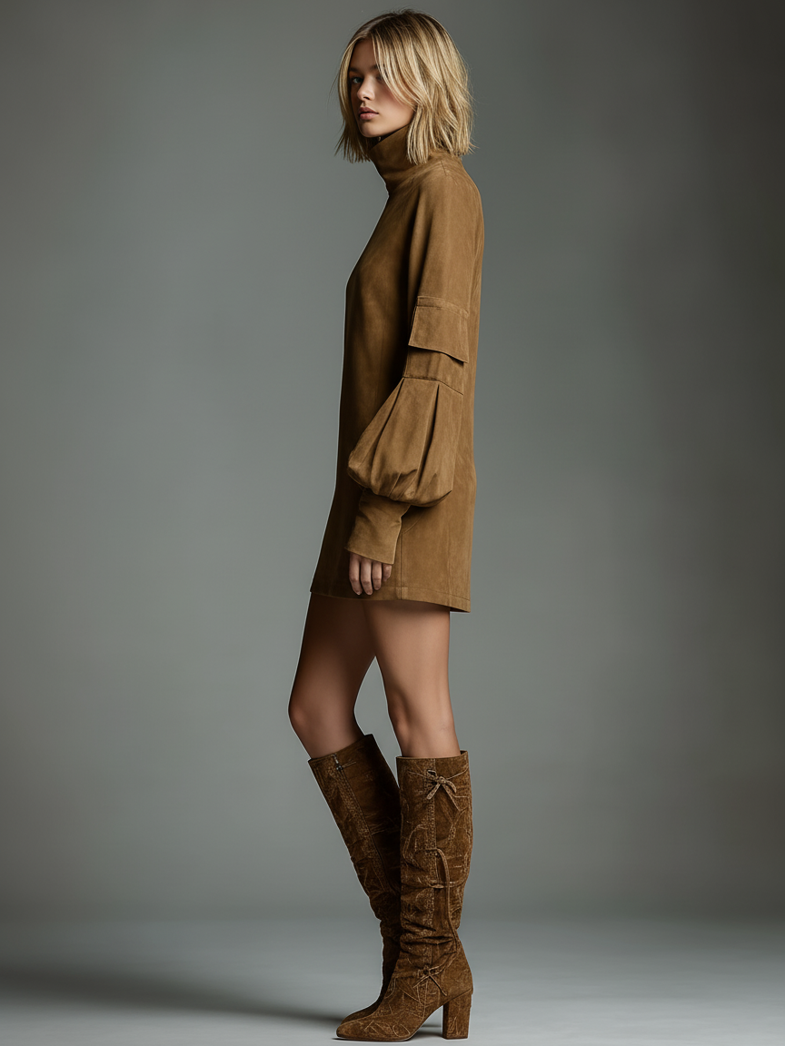 Robe Mini Vintage en Daim pour Femme à Col Roulé à Manches Longues, Coupe Ample, Décontractée, Rétro – Marron