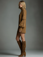 Robe Mini Vintage en Daim pour Femme à Col Roulé à Manches Longues, Coupe Ample, Décontractée, Rétro – Marron