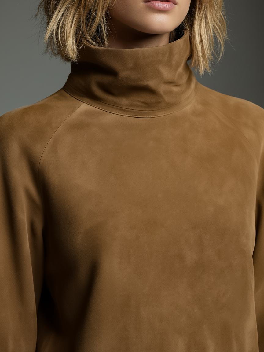 Robe Mini Vintage en Daim pour Femme à Col Roulé à Manches Longues, Coupe Ample, Décontractée, Rétro – Marron