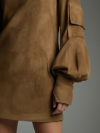 Robe Mini Vintage en Daim pour Femme à Col Roulé à Manches Longues, Coupe Ample, Décontractée, Rétro – Marron