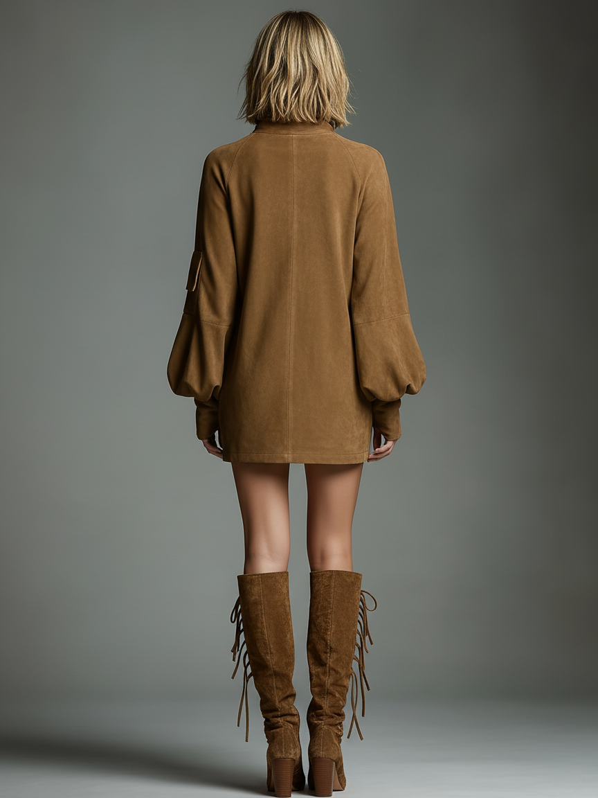 Robe Mini Vintage en Daim pour Femme à Col Roulé à Manches Longues, Coupe Ample, Décontractée, Rétro – Marron