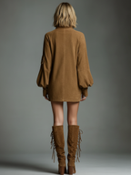 Robe Mini Vintage en Daim pour Femme à Col Roulé à Manches Longues, Coupe Ample, Décontractée, Rétro – Marron