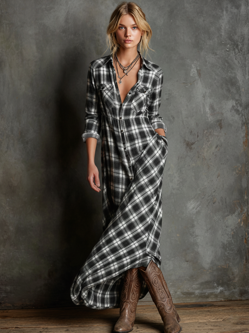 Robe Maxi à Manches Longues en Tartan à Col Revers pour Femmes – Tartan Vert