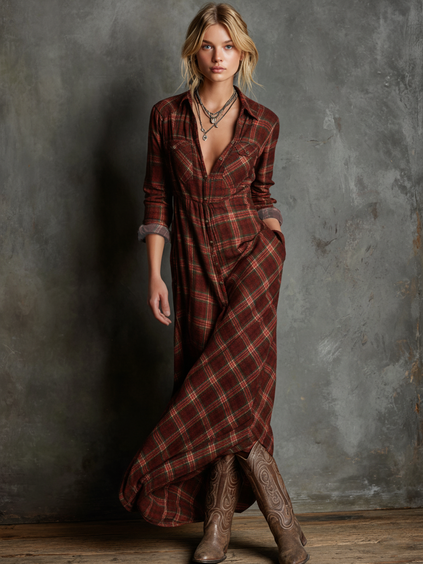 Robe Maxi à Manches Longues en Tartan à Col Revers pour Femmes – Tartan Vert