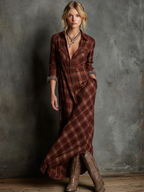 Robe Maxi à Manches Longues en Tartan à Col Revers pour Femmes – Tartan Vert