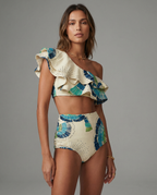Ensemble de Bikini à Une Épaule Taille Haute avec Volants Imprimé Tropical pour Vacances d'Été à la Plage – Bleu Vert Crème