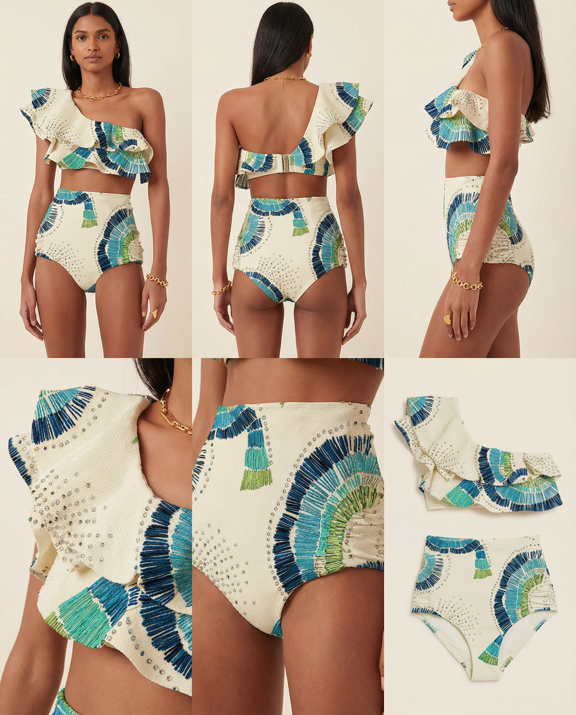 Conjunto de bikini de un solo hombro de talle alto con volantes y estampado tropical para vacaciones de verano en la playa – Azul Verde Crema