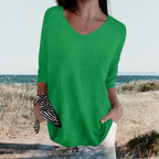 T-shirt estiva a maglia con scollo a V da donna, leggera, taglio casual, versatile e morbida – Gerda